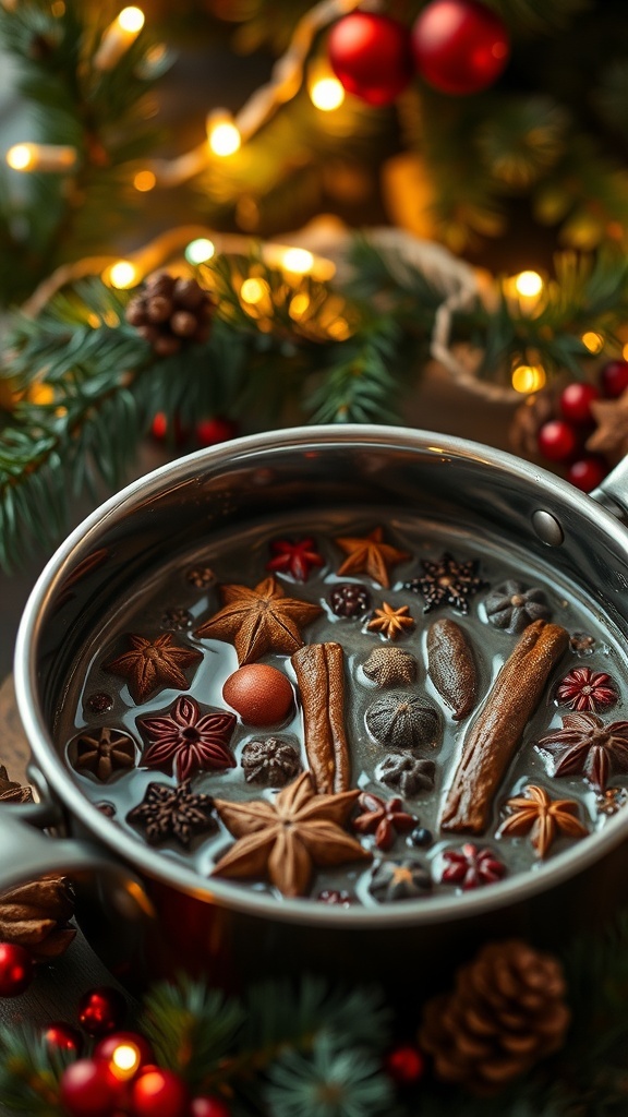 A festive pot of simmering spices with pine branches and lights, creating a warm holiday ambiance.